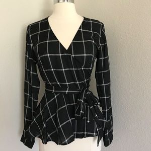 Loft Black Plaid Wrap Peplum Blouse XS NWT